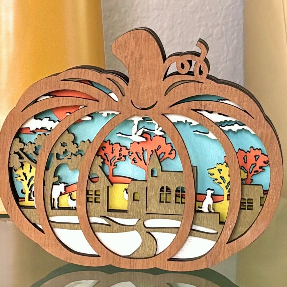 Fall Autumn Harvest Farmhouse Rustic Wooden 3D Diorama Small Town Scene Pumpkin